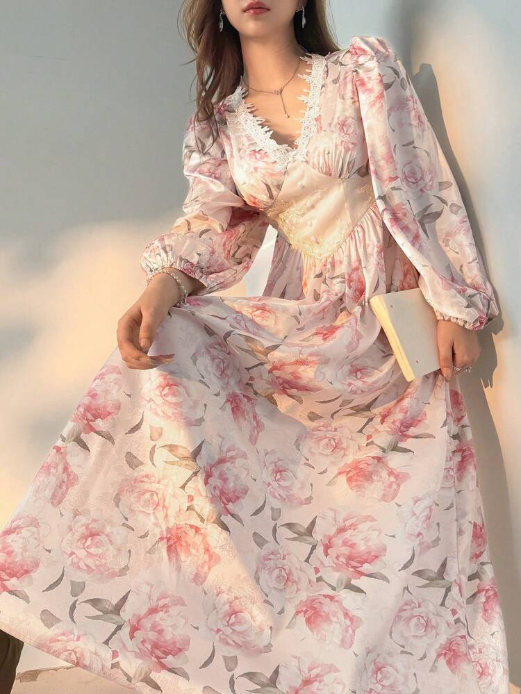 Ladies Midi Lace-Trimmed Floral Puff Sleeve Dress,Fall Dress Long Sleeve Dress Boho