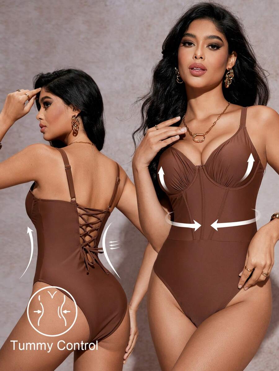 SHEIN Swim Beach Angel Tummy Control One-Piece Swimsuit For Summer Beach Vacation - Brown - View 1