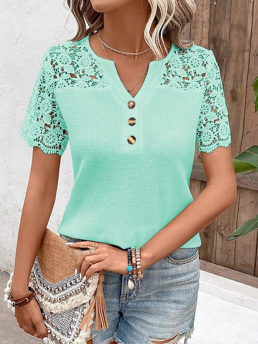 SHEIN LUNE Áo thun nữ thanh lịch có ren chèn cổ chữ V tay ngắn, dành cho mùa hè - Màu xanh Cadet - Xem 1