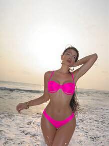 Swim SXY Women New Beach Spaghetti Strap Hollow-Out Steel Frame Backless Sexy Solid Shiny Color Bikini Set - Pink - View 1