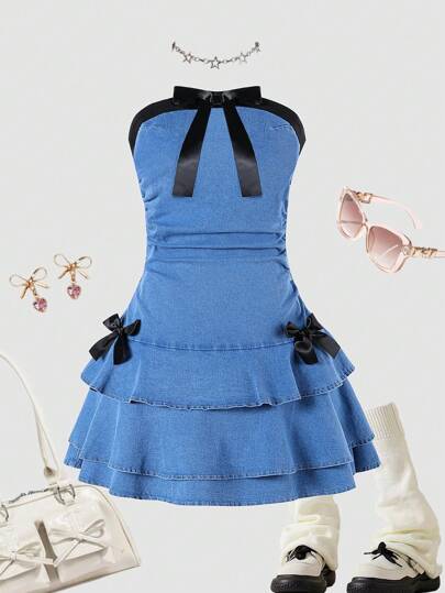 Young Girl's Fashion Cool Girl Seaside Vacation Invisible Shoulder Strap Detachable Front Hook And Loop Bow Detachable Black Bow Decor Invisible Zipper Waist Ruffle Hem Denim Dress Short Dress