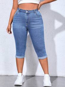 SHEIN EZwear 大码女式带口袋修身休闲百搭七分牛仔裤