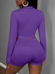Slaydiva 3 Stücke/Set Damen Sommer Lässig elastisch Halb-Reißverschluss Stehkragen Slim Fit Langarm T-Shirt Jacke, ärmelloses Crop Top und Sport Shorts - Violett - Übersicht 4