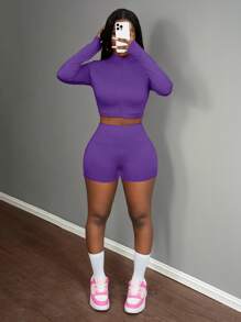 Slaydiva 3 Stücke/Set Damen Sommer Lässig elastisch Halb-Reißverschluss Stehkragen Slim Fit Langarm T-Shirt Jacke, ärmelloses Crop Top und Sport Shorts - Violett - Übersicht 7