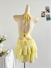 Soleia 女士性感垂坠领露背系带双层下摆金属扣迷你度假连衣裙，适合音乐节、波西米亚风、假日约会、下午茶、游轮、海滩、夏季 - 黃色 - 查看 2