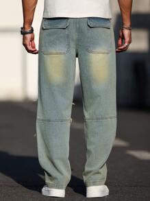 Manfinity Homme Quần Jeans Nam Ống Thẳng Thường Ngày Có Túi Và Chi Tiết Viền Thô, Đa Năng - Màu xanh lam - Xem 6