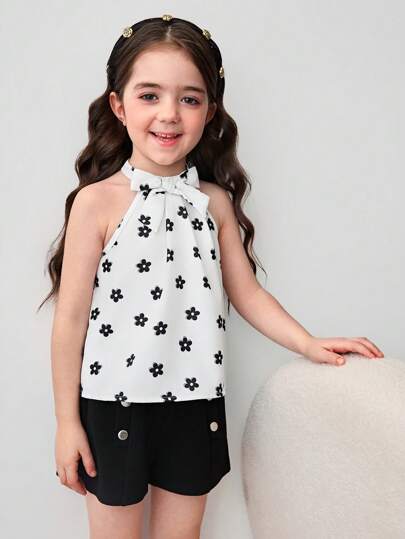 Bộ 2 món/Bộ áo chiffon không tay họa tiết hoa nhỏ nhắn cho bé gái và quần short dệt kim trơn