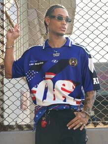 AXEPEAK Ropa deportiva casual de calle con diseño de jersey deportivo, top corto de manga corta, estampado con bandera, camisa tipo polo para hombre, escuela - Azul - Ver 6