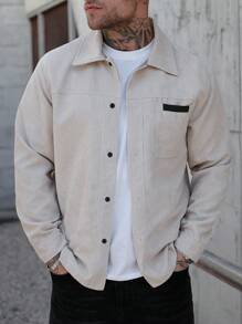 Manfinity Homme Veste chemise pour homme, veste chemise à manches longues à boutons devant simple avec poche, porter casual quotidien, veste pour homme, veste chemise pour homme, veste d'homme pour l'automne et l'hiver, cadeau pour petit ami, veste en flanelle côtelée à manches longues pour sortir, porter décontracté