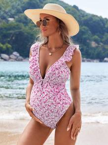 SHEIN Đồ bơi liền thân họa tiết hoa nhún bèo cho bà bầu, trang phục đi biển cho kỳ nghỉ - Hồng - Xem 5