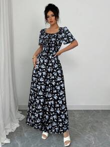 Elenzga 春夏优雅度假休闲泡泡袖方领收腰收褶长款连衣裙 - 彩色 - 查看 6