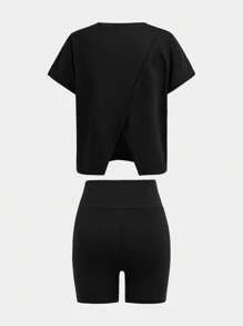 SHEIN Tween Girls Activewear 2pcs Matching Set - Black Crew Neck Short Sleeve Split T-Shirt + Form-Fitting Shorts, Comfortable & Versatile, Suitable For Tennis, Running, Skipping, Outdoor Sports, All Seasons, 4-Way Stretch - Black - View 2
