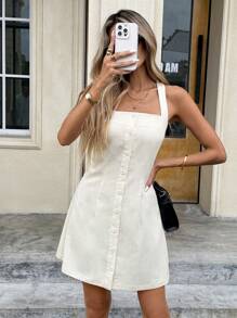 Serisse 女士亚麻细肩带迷你连衣裙，高腰迷你连衣裙 - 杏色 - 查看 3