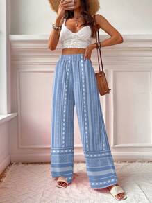Travachic Women's Geometric Print Loose Wide Leg Casual Vacation Pants,Fall Women Clothes - Blue - View 4