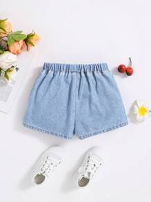 SHEIN Shorts en jean lavé décontractés pour jeunes filles avec décoration de nœud, été - Jean clair - Voir 2