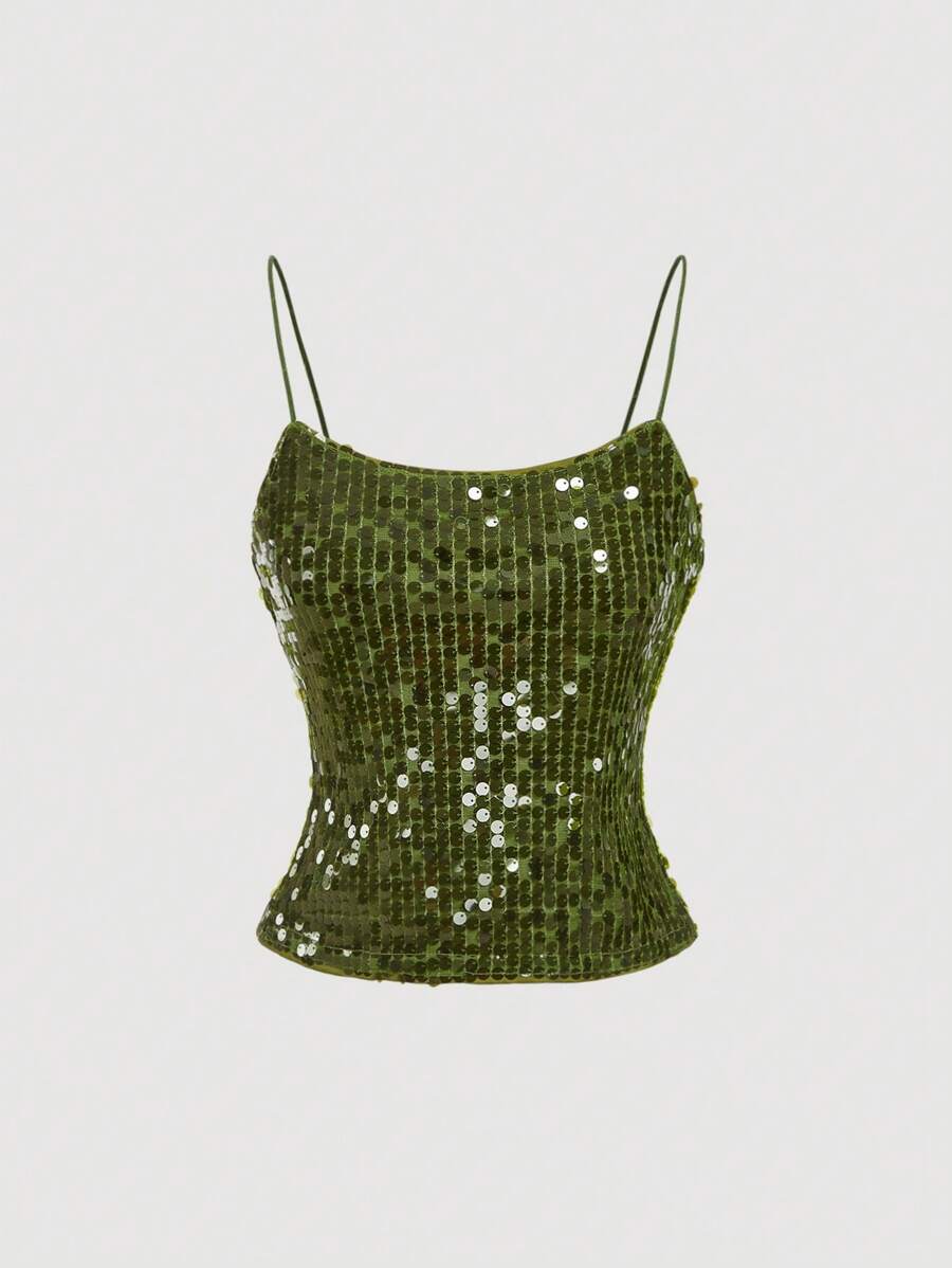 SHEIN MOD Áo hai dây sequin cho nữ, Áo dự tiệc không tay mùa xuân màu hồng - Màu xanh Bạc hà - Xem 1