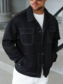 Manfinity Homme Men's Fashion Button Up Black Jacket, Suitable For Summer, Fall - Black - View 6