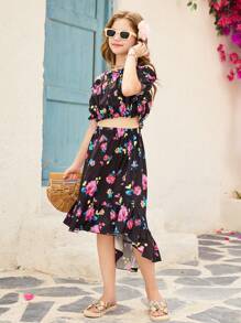 SHEIN Tween Girl Vacation Style Ditsy Floral Off Shoulder Crop Top & Mini Skirt 2 Pieces Set - Black - View 1