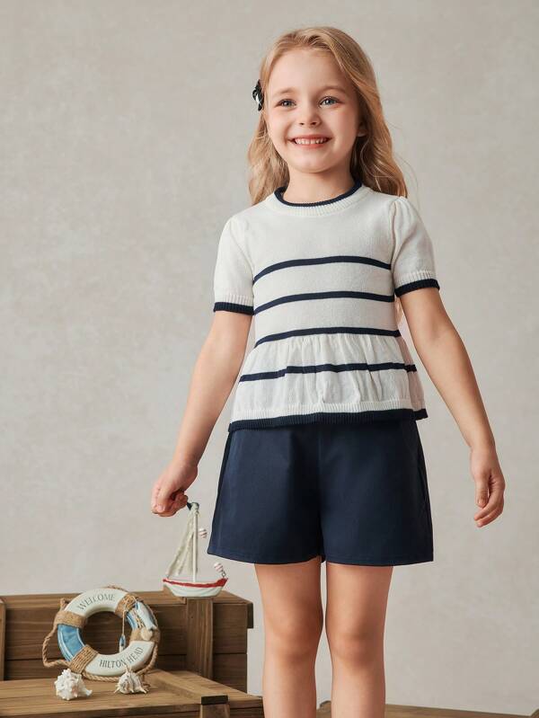 PrepCrw Young Girls Blue And White Striped Short Sleeve Knit Pullover Sweater
