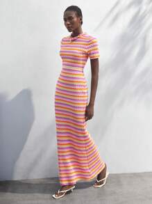 Maija Váy kẻ sọc gợn sóng nhiều màu cho nữ, Váy len dệt kim tay ngắn họa tiết hình học giản dị, lãng mạn, thời trang, kỳ nghỉ hè tại khu nghỉ dưỡng - Nhiều màu - Xem 7