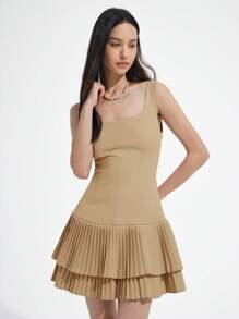 Aveloria Affinna 新款欧美时尚简约纯色方领无袖双层褶边腰部修身性感可爱U型背连体迷你连衣裙女 - 卡其色 - 查看 6