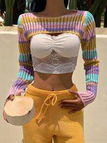 SHEIN EZwear Áo len croptop nữ họa tiết sọc nhiều màu, khoét lỗ, thích hợp cho kỳ nghỉ hè ở bãi biển châu Âu. - Nhiều màu - Xem 3