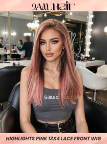 Highlights S4/613 Pink 13x4 Lace Front Human Hair Wigs Brown Mixed Pink & Brown Transparent Lace Hair Wig 180% Density Straight Remy Human Hair Wigs For Women 16 Inch - S4/613 - View 1