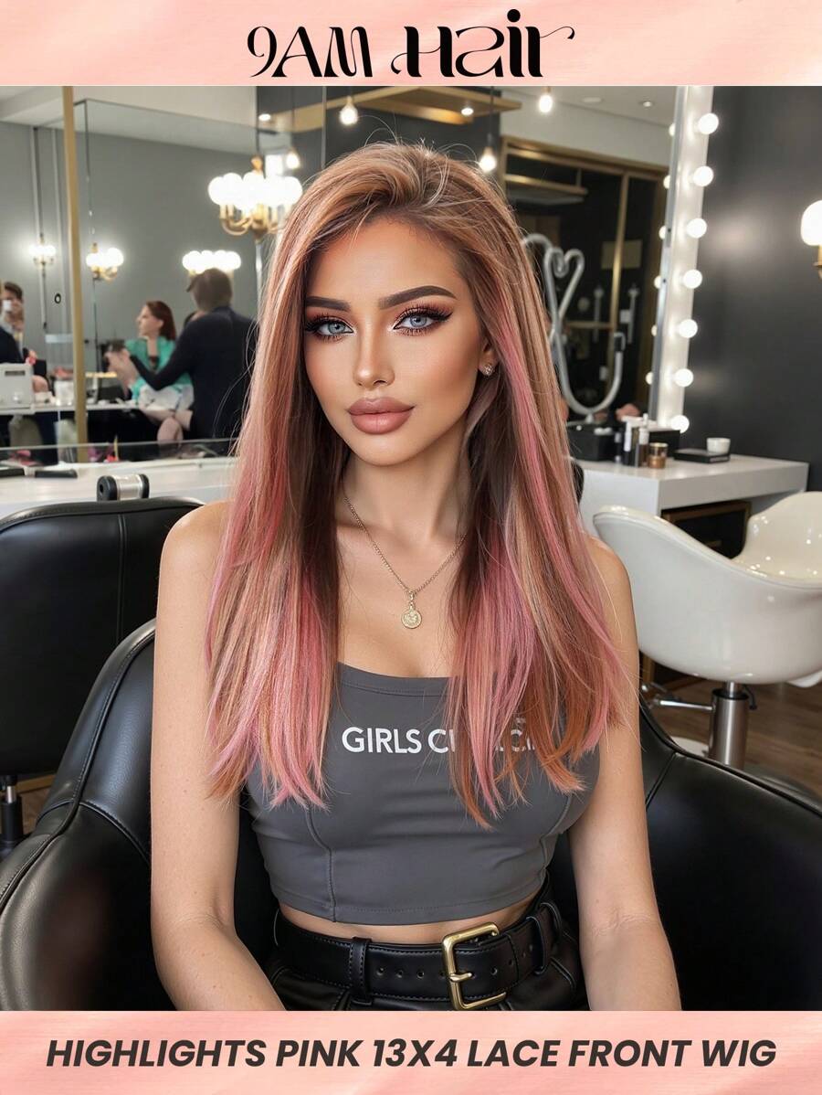 Highlights S4/613 Pink 13x4 Lace Front Human Hair Wigs Brown Mixed Pink & Brown Transparent Lace Hair Wig 180% Density Straight Remy Human Hair Wigs For Women 16 Inch - S4/613 - View 1