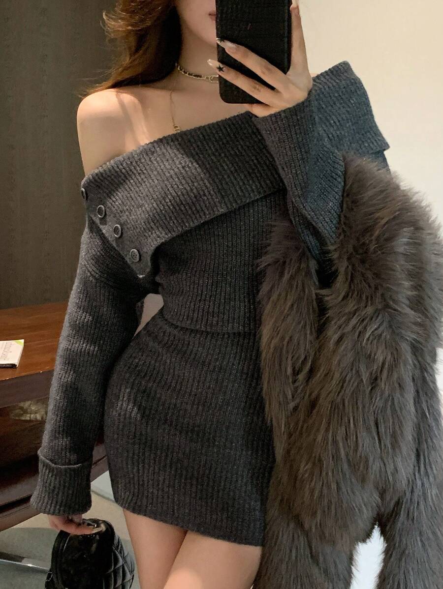 Livesso Oversized Collar Off Shoulder Asymmetric Knitted Mini Dress For Women,Fall Clothes Women Sweater Dresses