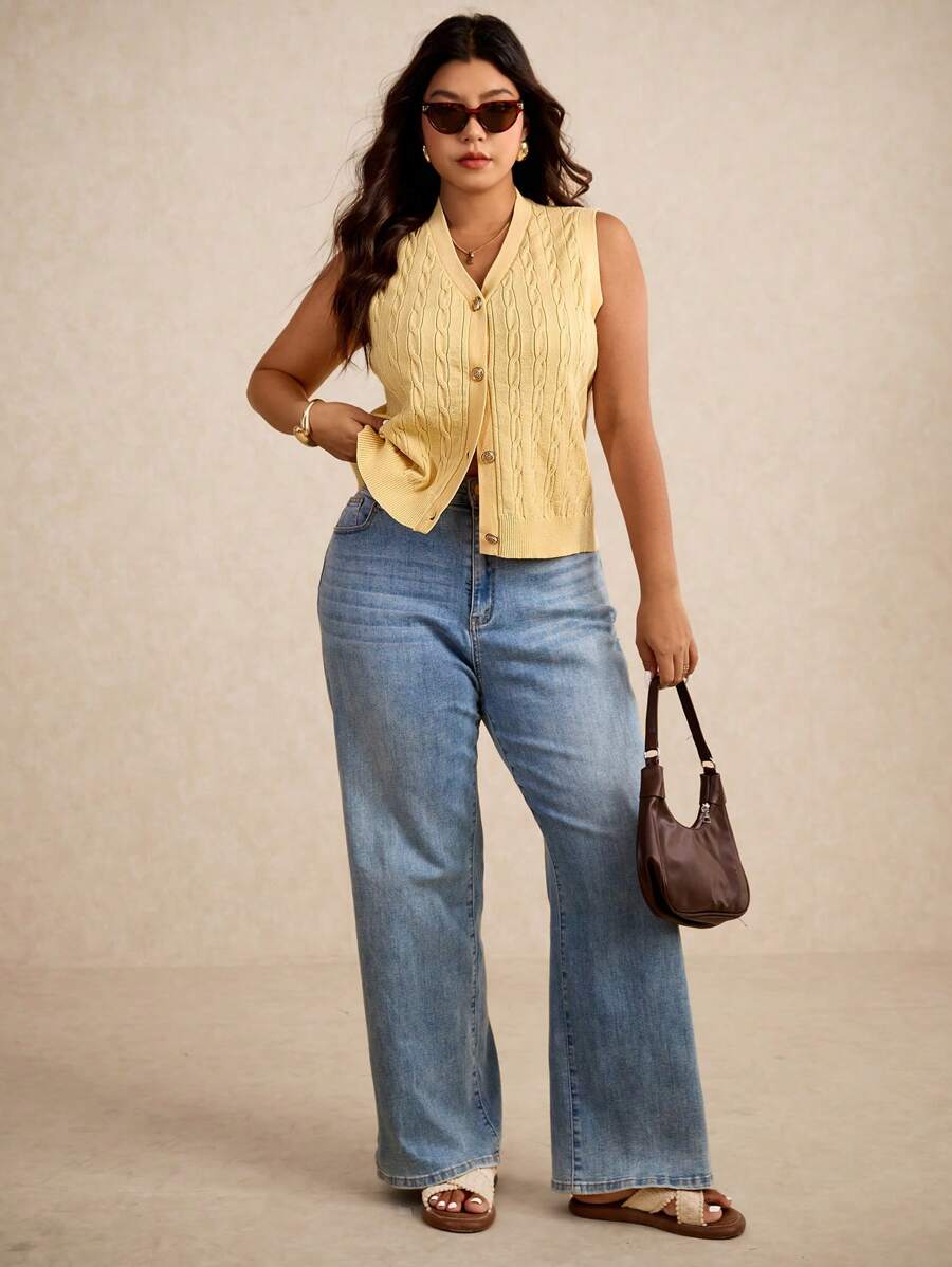 Elaquor Plus Size Women's Solid Color Cable Pattern Single-Breasted Casual Knitted Vest,Business Casual Woman In Fall/Winter - Yellow - View 1