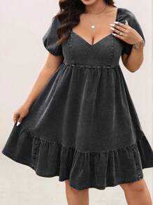 SHEIN LUNE Playful Casual Plus Size Ruffle Splice Lantern Sleeve Dress, Girlfriend Set Country Concert Outfit Graduation Outfit Summer Outfits For Women Brunch Outfits For Women Mother's Day Church Outfits Women