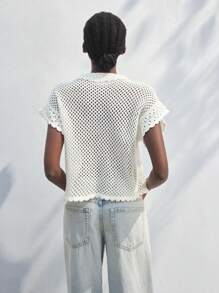 Maija 女士夏季休闲纯色镂空针织开衫，贝壳扣复古风休闲衬衫，夏威夷风格