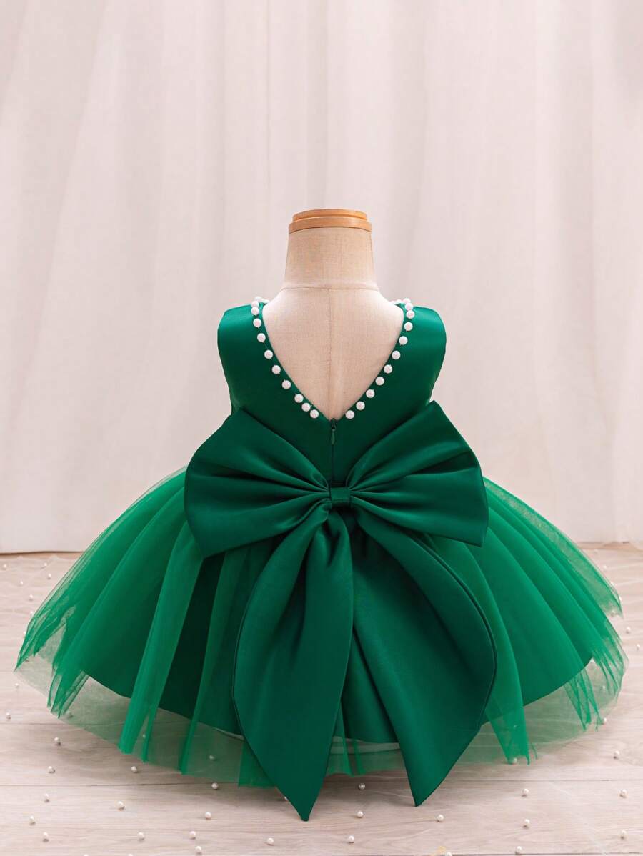 SHEIN Glamorique Kids 女婴圣诞公主裙、舞会礼服、派对和婚礼花裙、粉色薄纱泡泡裙、白色串珠 V 字背大蝴蝶结公主礼服婴儿紫色连衣裙