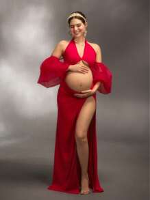 Cheriluna Maternity 孕妇性感纯色镂空露肩高开衩孕妇写真拍摄连衣裙，适合孕妇拍摄 - 紅色 - 查看 2