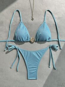 Swim Vcay Women's Sequin Fabric Halter Necklace With Shell Pendant Sexy Bikini Set For Summer Beach Vacation