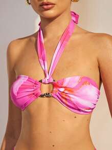 COSMINA Women's Pink Bandeau Ring Bikini Top Cute Knitted Halter Micro Crop Top With Abstract Floral Print For Beachwear - Pink - View 1