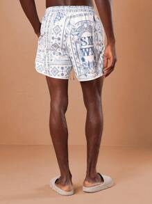 SUMWON Vacation Resort Swimming Trunks Summer Beach Boardshorts Palm Print Athletic Pool Swim Shorts Mediterranean Collection Swimming Pool Wear
