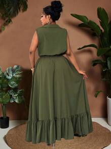 Maweii Plus Size Summer Casual Solid Color Tank Top & Extra Long Skirt 2 Pieces Set - Army Green - View 2