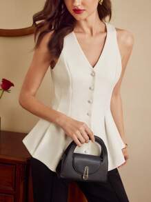 Vintamour Elegantes Vintage-Tank Top für Damen, Frühling/Sommer, tailliertes ärmelloses Tank Top mit Rüschensaum, Tank Top im Retro-Stil, Hochzeitsgastkleid, Urlaubsoutfits für Damen, Festival-Outfits, schulterfreies Top für Damen, Ausgeh-Tops, Business-Casual, Arbeitskleidung für Damen, Lehrer-Outfits für Damen, weißes Hemd, Tank Tops - Weiss - Übersicht 6