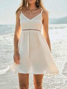 Maija 女士纯色细肩带迷你连衣裙，度假海滩 - 杏色 - 查看 2