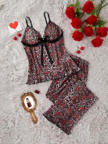 SilkySpell Cherry & Leopard Print Sexy Cami Top And Pants Women Pajama Set - Rust Brown - View 3