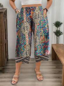 EMERY ROSE Plus Size Women Loose Allover Print Vacation Capri Pants With Pockets, Summer
