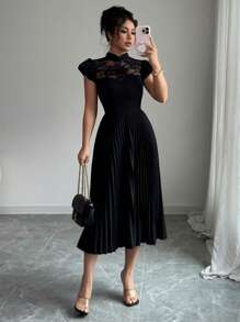 Elenzga Women's Elegant Romantic Dress With Peplum Sleeves, Stand Collar, Waist Gather, Contrast Lace - Black - View 3