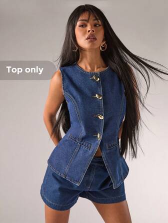 SHEIN BAE Women's Denim Casual Top, Minimalist Fashion For Everyday Wear Summer Outfits For Women Summer Tops Vacation Outfits Woman Tube Top Tank Tops Women Tops Women Crop Tops Western Wear Women Going Out Tops Women Going Out Tops Spring Outfits For Women Western Tube Tops Women, Old Money, Business Casual Woman