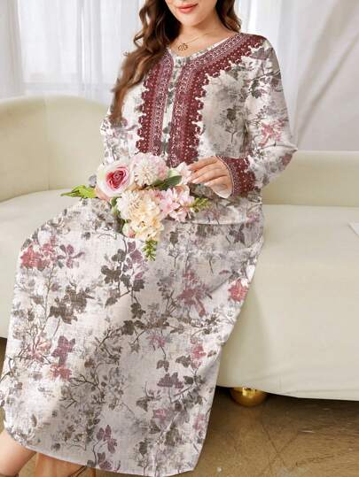 Al Najma 加大码女式优雅花卉印花阿拉伯风格长裙