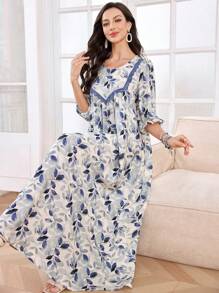 SHEIN Lacomfia Women's Printed Round Neck Lace Trim Patchwork Flare Dress - Blue - View 2