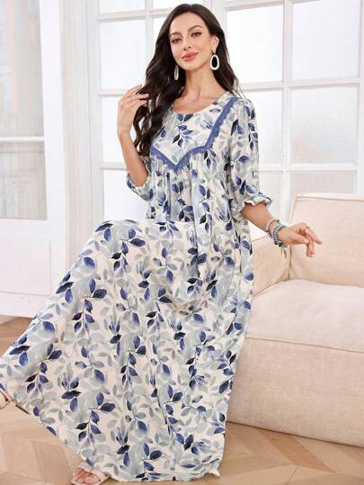 SHEIN Lacomfia Vestido de mujer con cuello redondo, recorte de encaje y parche, con falda de vuelo