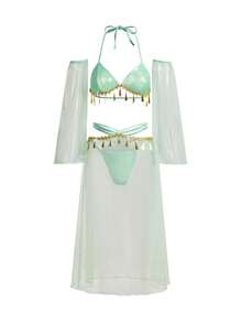 SHEIN 5 件套异国风情性感女士内衣套装 - 无钢圈文胸、丁字裤、迷你裙、袖套，适合外出穿着 - 綠色 - 查看 4