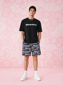 HELLO KITTY AND FRIENDS | SHEIN 1 件休闲卡通字母印花落肩宽松短袖 T 恤，男女通用 - 黑色 - 查看 4