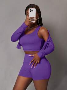 Slaydiva 3 Stücke/Set Damen Sommer Lässig elastisch Halb-Reißverschluss Stehkragen Slim Fit Langarm T-Shirt Jacke, ärmelloses Crop Top und Sport Shorts - Violett - Übersicht 9